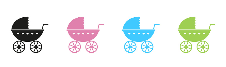 A baby carriage. A set of icons. Vector. Icons of different colors.