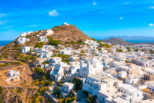 Panoramic view of Plaka town. Milos island, Greece stock photo