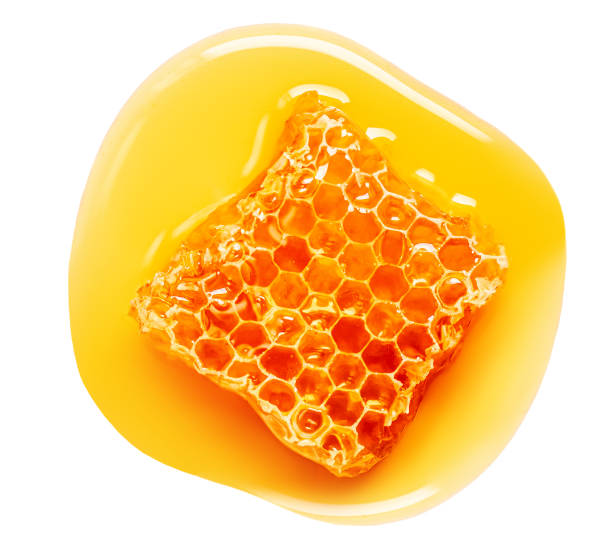 panal con jarabe de miel que fluye aislado sobre fondo blanco.  miel plana puesta. vista superior. plano - honey fotografías e imágenes de stock