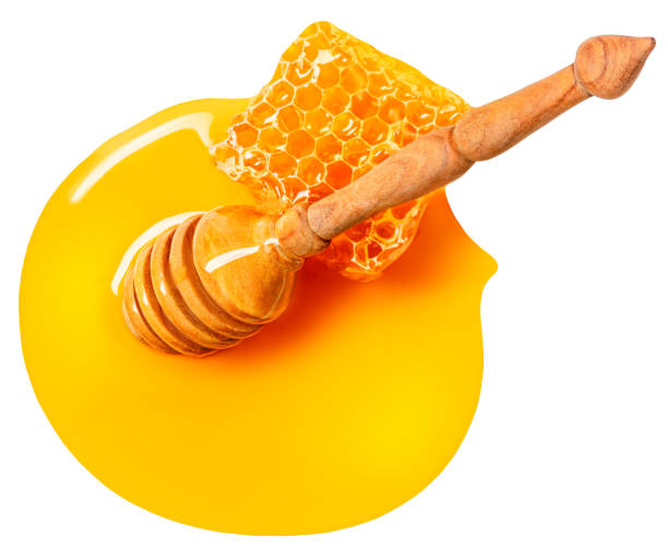 istock Honey. fresh honey  with dipper  isolated on white background. Top view. Flat lay. 1433870924
