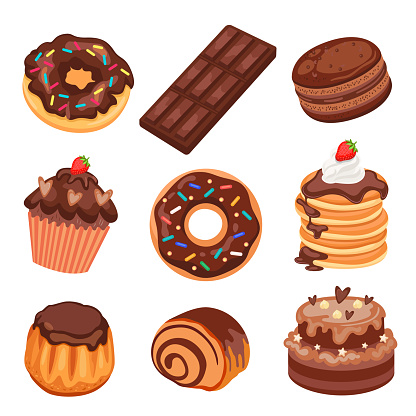 Chocolate desserts, sweet food set. Vector illustrations of choco delicious products in cafe menu. Cartoon cake, dark chocolate bar, roll, pancakes with sauce isolated on white. Confectionery concept