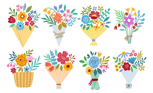 Bouquet illustration set. Collection of blooming flowers bouquet