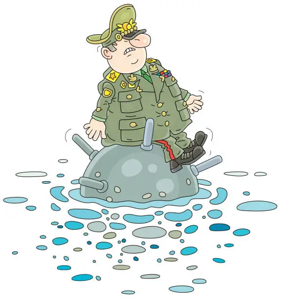 Vector illustration of Fat army general on a naval mine in a sea