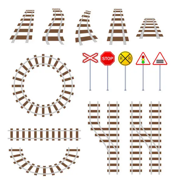 Vector illustration of Set of tracks and traffic signs for train or tram