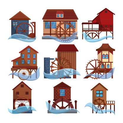 Old water mills on rivers vector illustrations set. Collection of cartoon drawings of wooden houses with waterwheels or wheels isolated on white background. Industry, agriculture concept