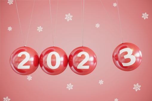 Christmas Balls 2022 Pendulum Concept with snowflakes, can be used new year 2023 concepts.  (3d render)
