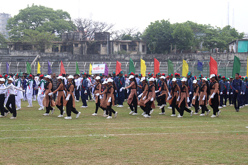 A group of adult students are performing at the Sylhet district stadium during the Independence Day celebration of Bangladesh. Photo taken from at Sylhet district stadium in Bangladesh on 26 March 2018.