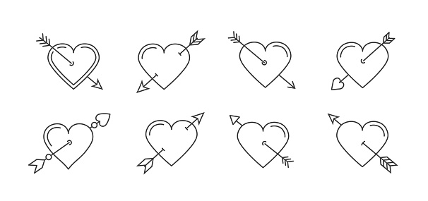 Hearts with cupid arrows - icons set, vector eps10 illustration