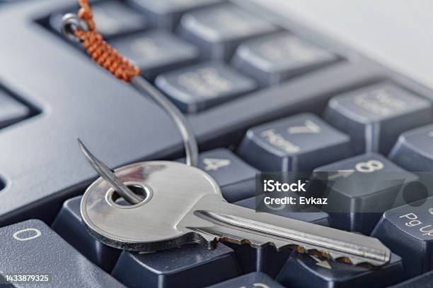 Phishing Hacking Personal Data And Money Key And Hook On Computer Keyboard Stock Photo - Download Image Now