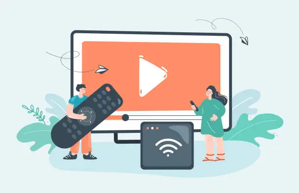 Vector illustration of Tiny people with remote control watching TV, video or movie