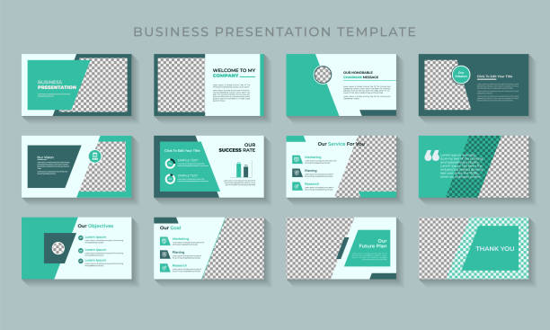 чистый минимальный современный элегантный шаблон бизнес-презентации 12-страничный слайд дизайн премиум вектор - slide stock illustrations