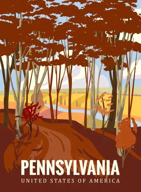 Vector illustration of Pennsylvania Autumn park valley, forest trail, walkway, trees yellow foliage. Poster fall seasone