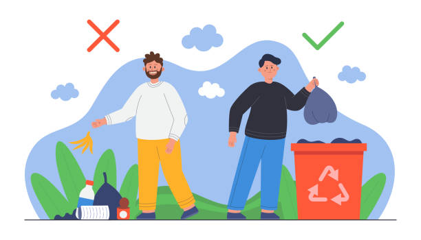 One man putting trash in recycle container, another one throwing vector art illustration