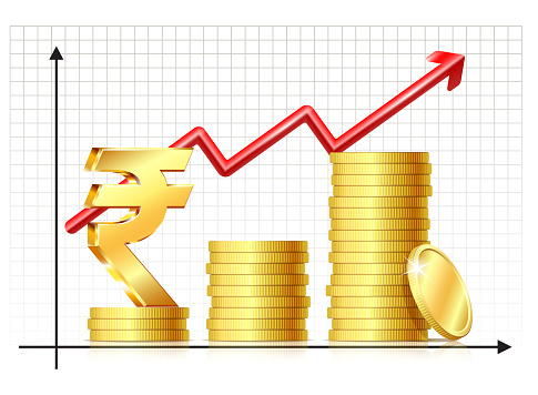Indian rupee investment and saving financial growing chart template. Stack of Coins, symbol rupee currency and rising arrow. Vector illustration