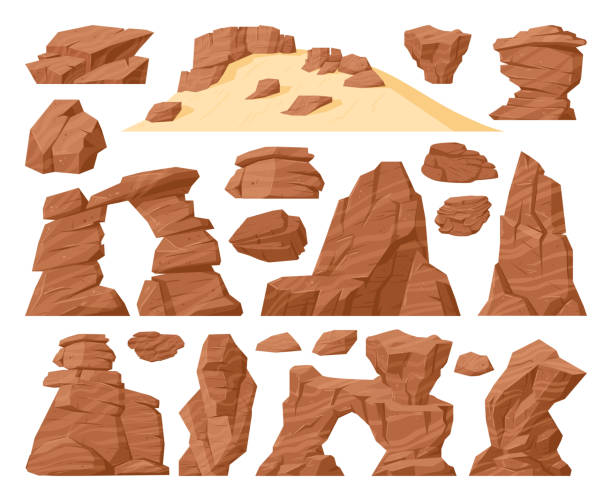 漫画の砂漠の岩、石の峡谷の風景の要素。西部砂漠の岩の景色、自然茶色のひびの入った山片平らなベクトルシンボルがセット。キャニオンロックコレクション - 峡谷点のイラスト素材／クリップアート素材／マンガ素材／アイコン素材