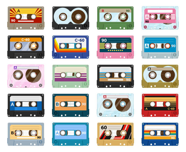 illustrations, cliparts, dessins animés et icônes de cassette stéréo de dessin animé, cassette vintage des années 80. musique cassette audio, lecteur analogique ancienne bande plate symboles vectoriels ensemble d’illustration. cassette rétro des années 90 - cassette audio