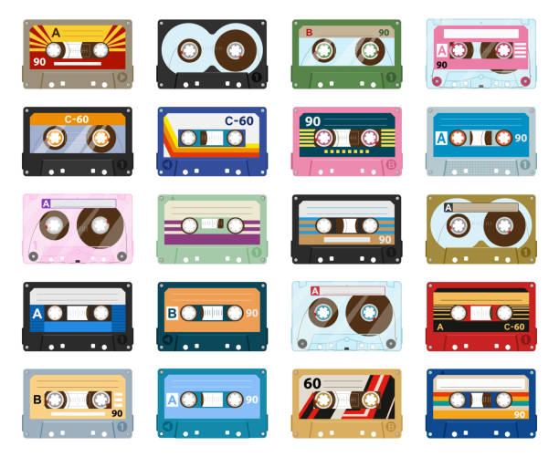 cartoon stereo tape cassette, płyta z taśmą vintage z lat 80.. muzyczna kaseta audio, odtwarzacz analogowy stara taśma płaskie symbole wektorowe zestaw ilustracji. kaseta magnetofonowa retro z lat 90. - kaseta magnetofonowa stock illustrations