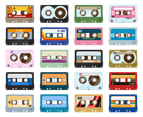 Cartoon stereo tape cassette, 80s vintage tape record. Music audio cassette, analogue player old tape flat vector symbols illustration set. Retro 90s cassette tape