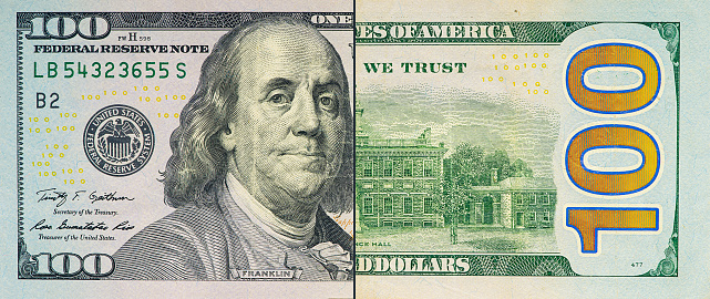 Benjamin Franklin. Qualitative portrait from 100 dollars banknote isolater white background