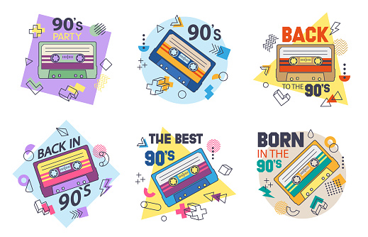 Cartoon retro cassette tape, 80s music party badges. Flat audio and stereo, music audiocassette, 90s pop culture song tape vector symbols illustration set. Analogue player old tape stickers