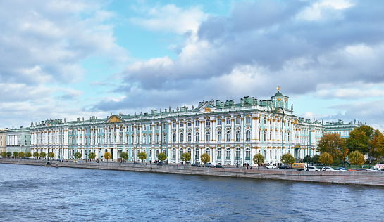 A view of the Winter Palace which houses the State Hermitage Museum, built in the Elisabethan baroque style in 1754-1762, architect Rastrelli, landmark: St. Petersburg, Russia - 07 October, 2022