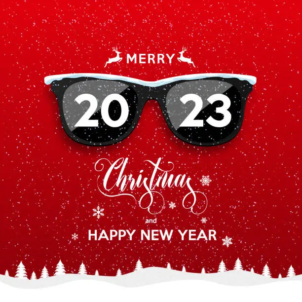 Vector illustration of 2023 Happy New Year and Merry Christmas landscape. Black hipster sunglasses on snowfall background.