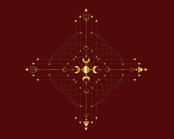 ilustrações de stock, clip art, desenhos animados e ícones de golden cross, sacred geometry, mystical arrows and crescent moon, gold dotted lines in boho style, wiccan icon, alchemy esoteric mystical magic talisman. spiritual occultism vector isolated on red - cross cross shape shiny gold