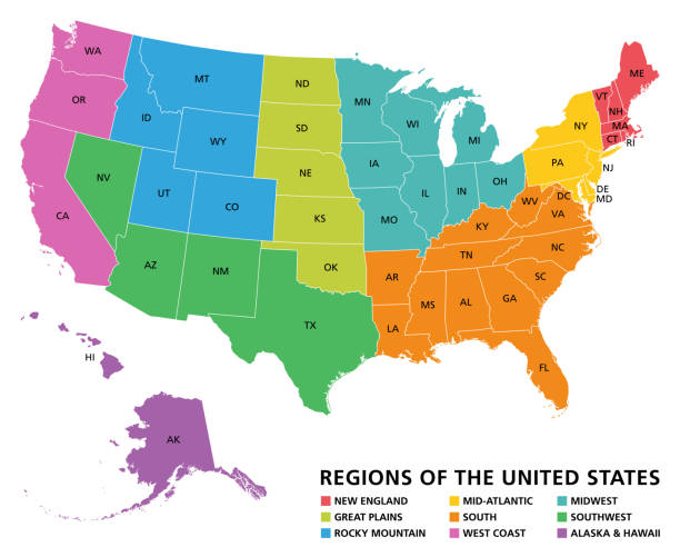 ilustrações, clipart, desenhos animados e ícones de regiões dos estados unidos da américa, mapa político - new england region