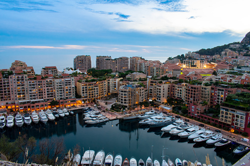 Monaco Monte Carlo, Port and marina at night, aerial view