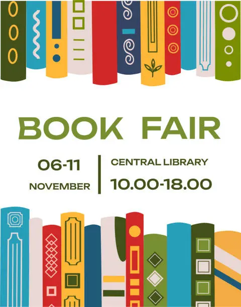 Vector illustration of Book fair poster for advertising. Vertical poster for book fair with different books. Advertising template for bookstore,bookshop, library.