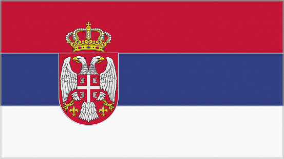 Serbia embroidery flag. Serbian emblem stitched fabric. Embroidered coat of arms. Country symbol textile background.