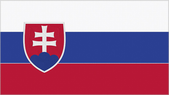 Slovakia embroidery flag. Slovak emblem stitched fabric. Embroidered coat of arms. Country symbol textile background.