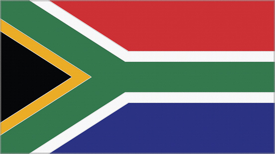 South Africa embroidery flag. Emblem stitched fabric. Embroidered coat of arms. Country symbol textile background.