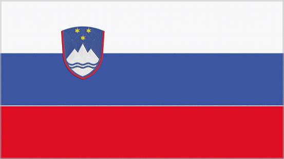 Slovenia embroidery flag. Slovenian emblem stitched fabric. Embroidered coat of arms. Country symbol textile background.