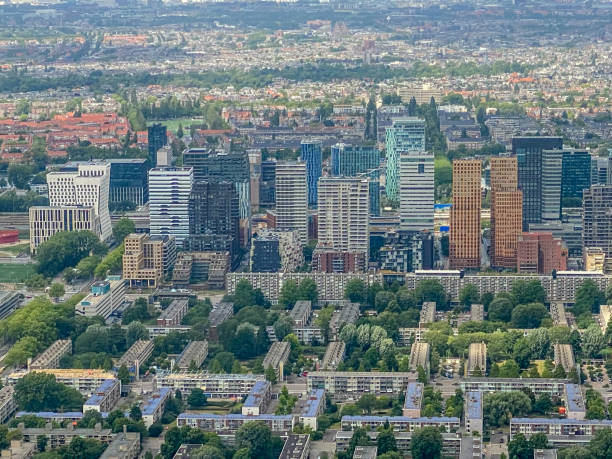 aerial views of amsterdam seen on the approach to schipol airport - schiphol stockfoto's en -beelden