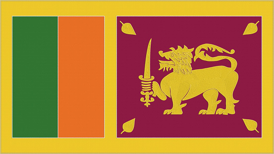 Sri Lanka embroidery flag. Emblem stitched fabric. Embroidered coat of arms. Country symbol textile background.