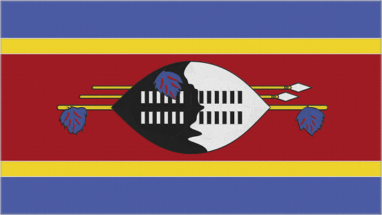 Swaziland embroidery flag. Swazi emblem stitched fabric. Embroidered coat of arms. Country symbol textile background.