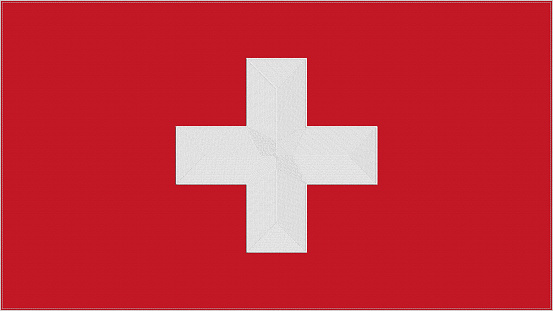 Switzerland embroidery flag. Swiss emblem stitched fabric. Embroidered coat of arms. Country symbol textile background.