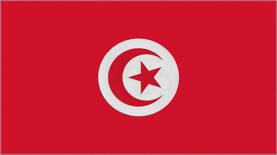 Tunisia embroidery flag. Tunisian emblem stitched fabric. Embroidered coat of arms. Country symbol textile background.