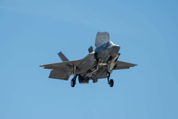 Lockheed Martin F-35B Lighting II in vertical flight configuration facing forward. Fighter airplane hovering in sky with landing gear down facing camera. Photo taken in non ticket area Miramar Airbase in San Diego California USA on September 23, 2022. a10 warthog stock pictures, royalty-free photos & images