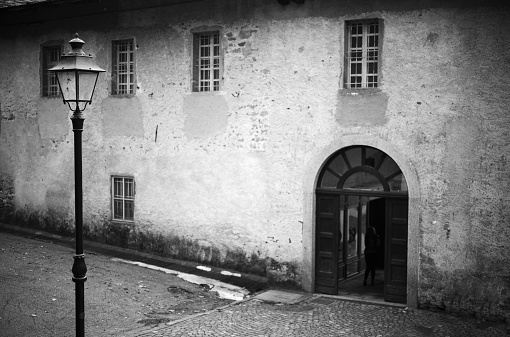 Naples, Italy, October 2021: Monochrome view Via dei Tribunali in Naples, Italy.