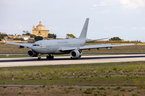 Luqa, Malta - September 27, 2022: Royal Air Force Airbus A330 Voyager KC3 (A330-243MRTT) (REG: ZZ332) making a night stop over during training flights.