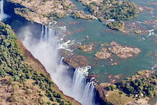 Aerial view of Victoria falls the largest waterfall in the world, Zambia