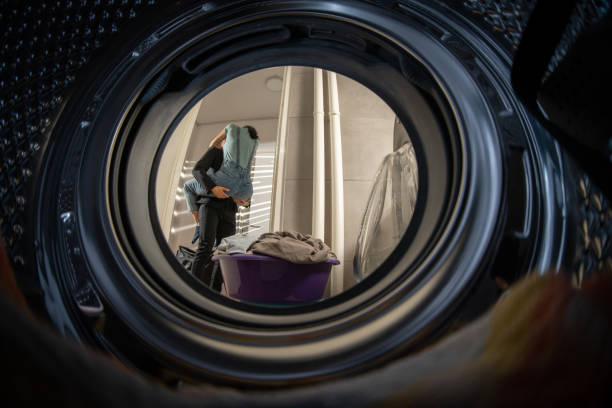 Close up photo of inside washing machine drum.