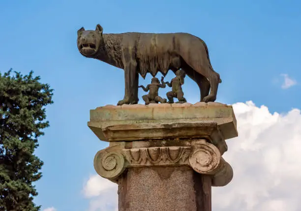 Photo of Capitoline Wolf (Lupa Capitolina) feeding Romulus and Remus - founders of city of Rome - on Capitoline hill, Italy
