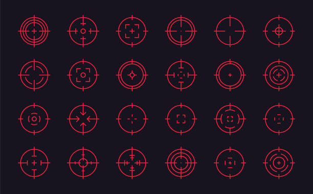 illustrations, cliparts, dessins animés et icônes de jeu d’icônes de visée cible. réticule ou icônes de vue. visant à des signes de bullseye. but et portée du tireur d’élite. visée de la technologie hud. signe de mise au point en cercle. illustration vectorielle. - telescopic sight