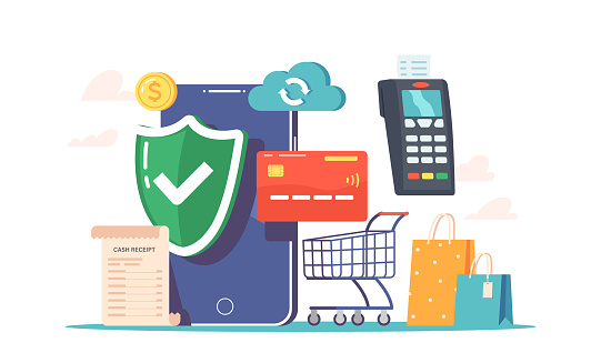 Safe Payment Concept with Smartphone, Shield, Cash Receipt, Trolley and Bags with Cloud, Pos Terminal and Coin. Secure Online Shopping, Data Protection System. Cartoon Vector Illustration