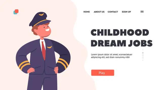 Vector illustration of Childhood Dream Jobs Landing Page Template. Little Boy Wear Pilot Costume. Preteen Baby Character Choose Profession