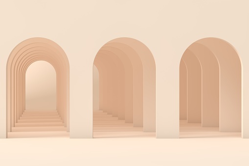 3d render, abstract minimalist geometric background, architectural concept, arch inside wall, paper layers