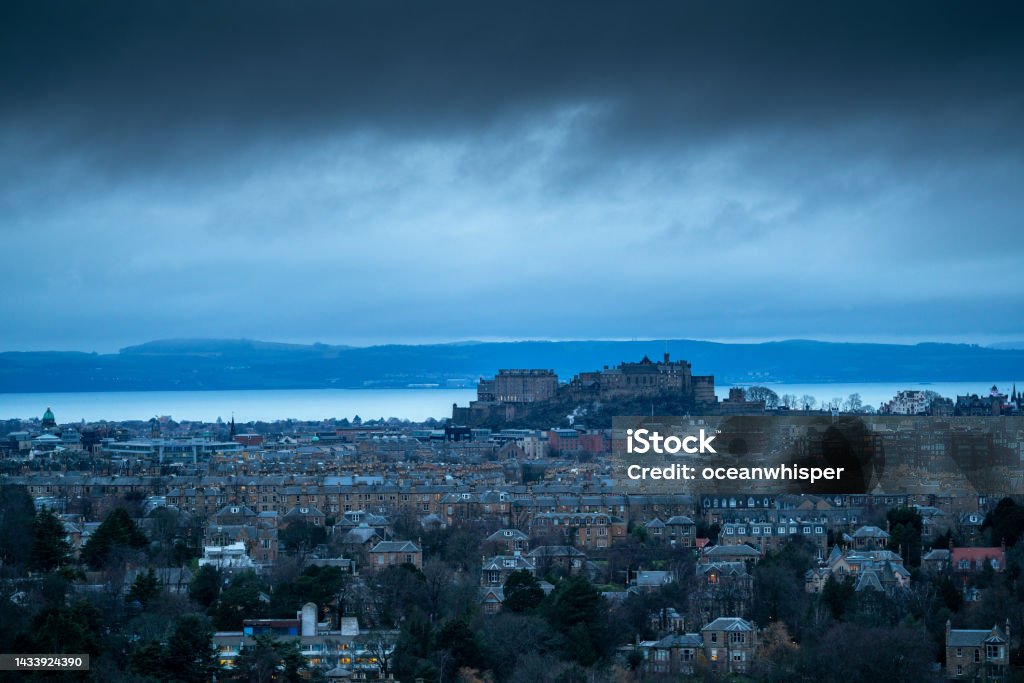 Edinburgh winter Edinburgh, Edinburgh Castle & the Firth of Forth in blue winter Architecture Stock Photo